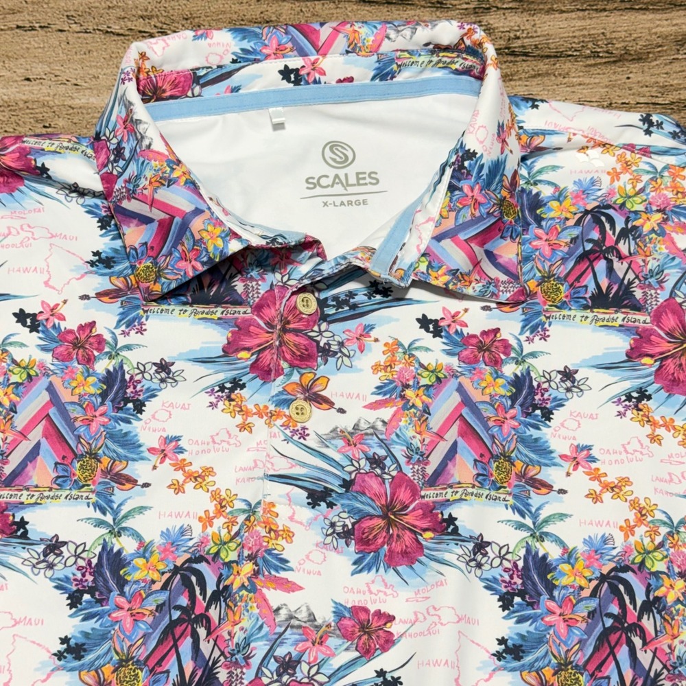 Scales Polo Shirt Mens XL Tropical Hawaiian Hawaii Hibiscus Performance Fishing